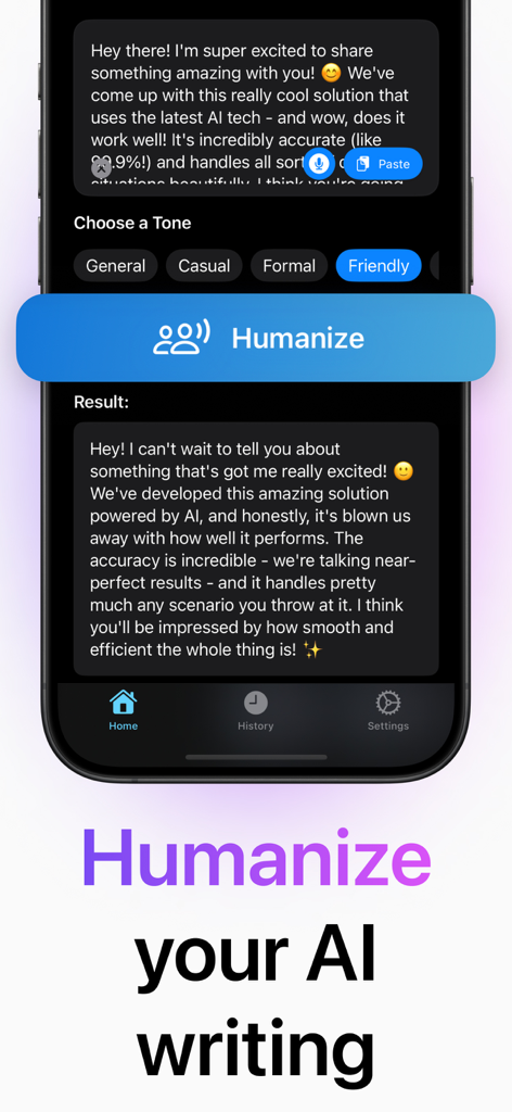 Humanize AI: Paraphrase Tools - Interface of the Humanize AI app showing a text conversion from AI to natural human writing with a friendly tone selection.