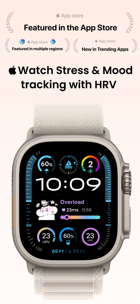 MoodyWatch-Track Stress Levels - MoodyWatch app interface on an Apple Watch displaying real-time stress levels and mood tracking using HRV data