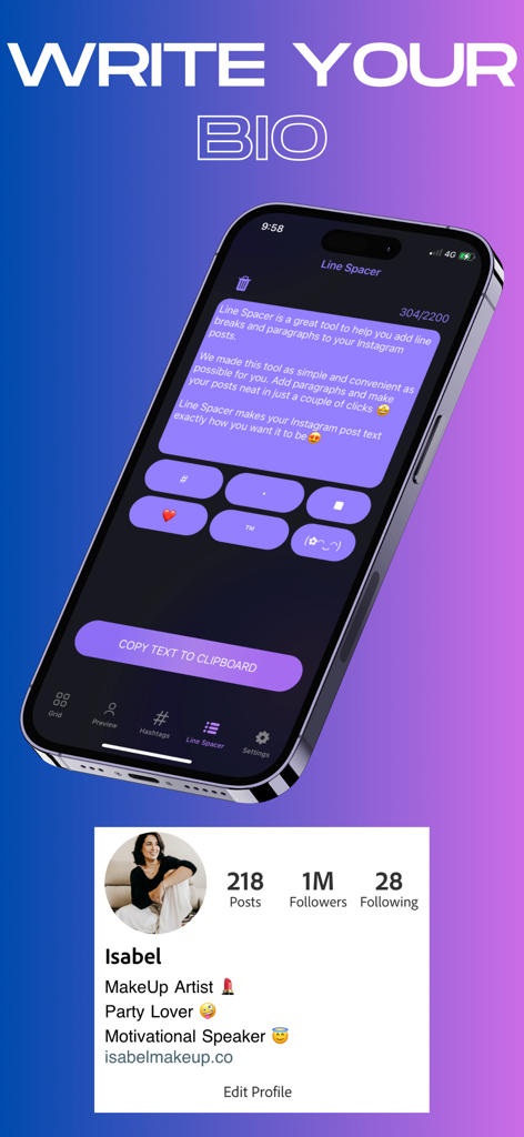 A mobile app interface for creating spaced Instagram bios and formatted profile descriptions