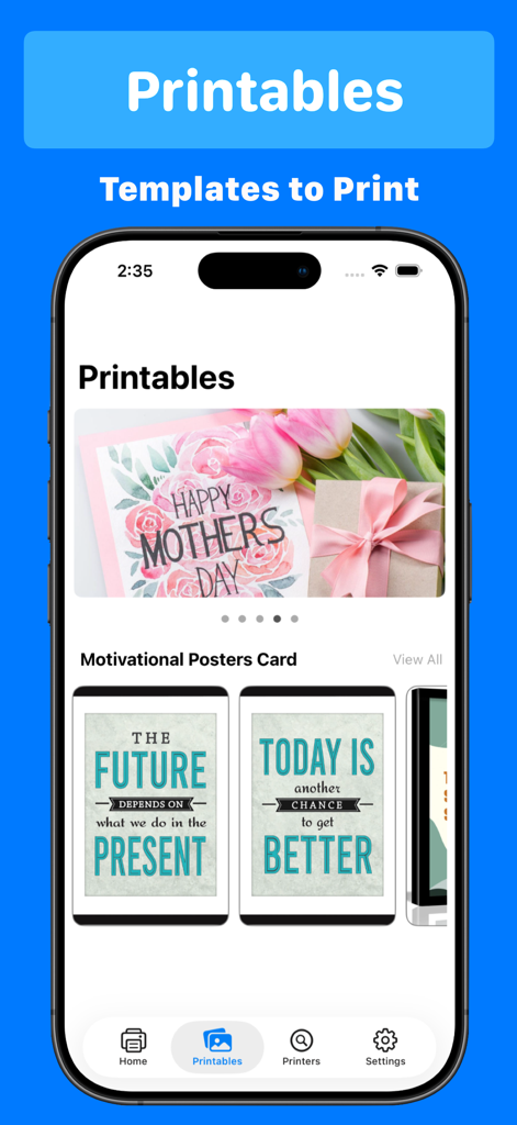 Smart Printer App - Fast Print - Mobile app screen showing printable templates for cards and motivational posters.