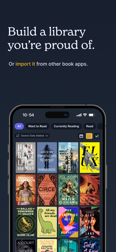 Hardcover.app - Una pantalla de teléfono inteligente que muestra la interfaz de la aplicación Hardcover con una cuadrícula visual de portadas de libros y categorías de estado de lectura.
