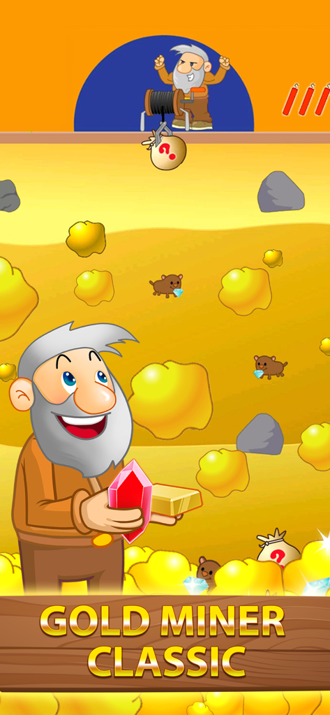 Eine alte Minenarbeiterfigur, die einen Goldbarren und einen roten Edelstein im Spiel Gold Miner Classic hält