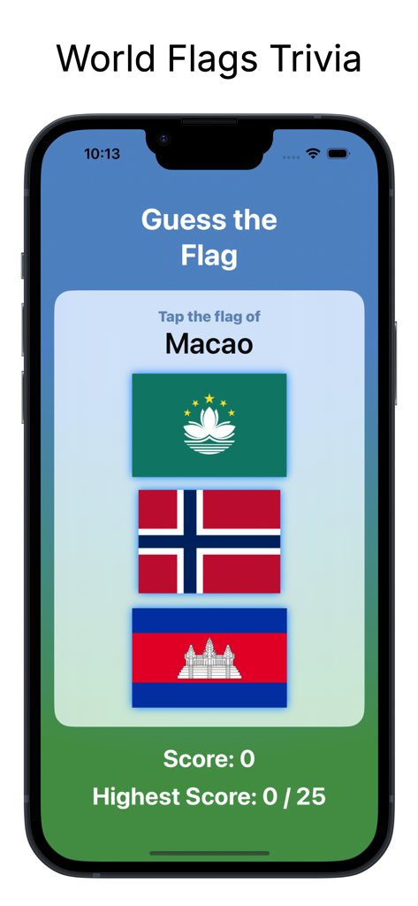 World Flags Trivia - A gameplay screenshot of the World Flags Trivia app showing a multiple choice question to identify the flag of Macao.