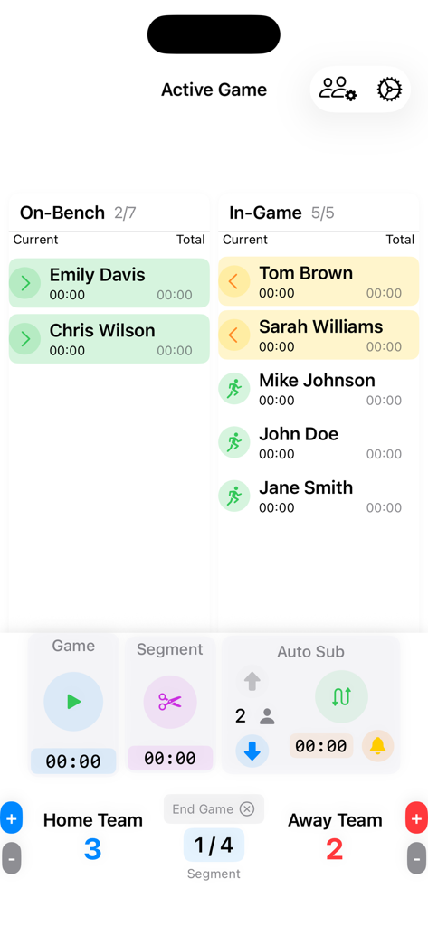 GameTime Manager - Interface of GameTime Manager showing players on the bench and in the game with a live scoreboard and rotation timer.