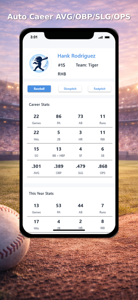 My Batting Log - Vista general de estadísticas de bateo de carrera y anuales en la aplicación Mi Registro de Bateo