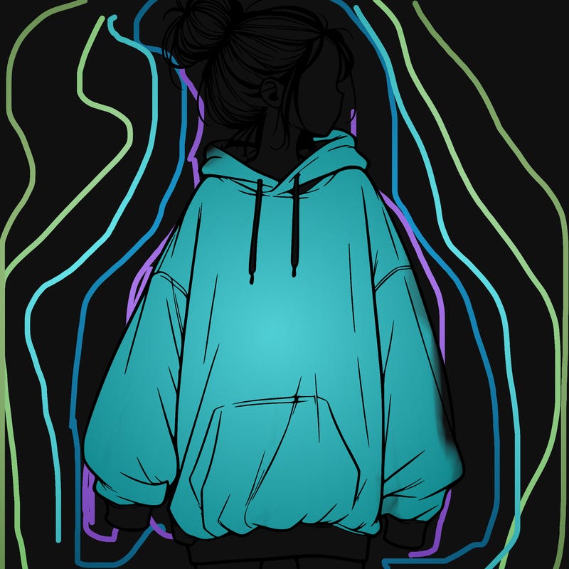 realistic girl with a oversized sweatshirt on and a bun