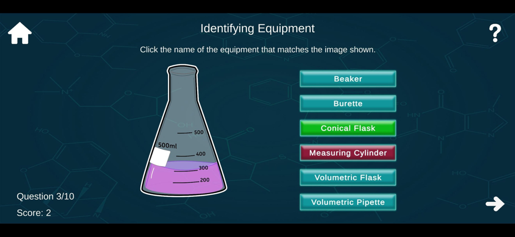 A lab equipment identification quiz in the ChemiMeasure app showing a conical flask and multiple choice options.