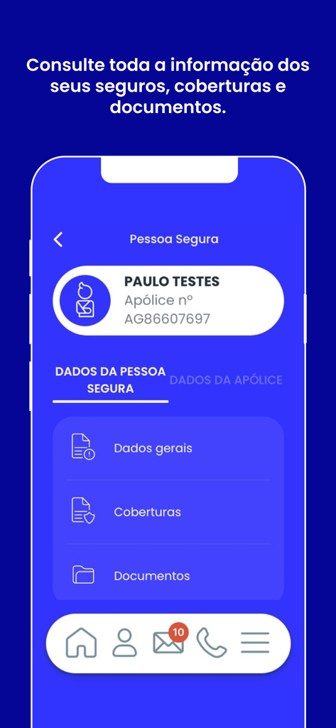 Interface do aplicativo ok seguros mostrando informações da apólice, coberturas e documentos