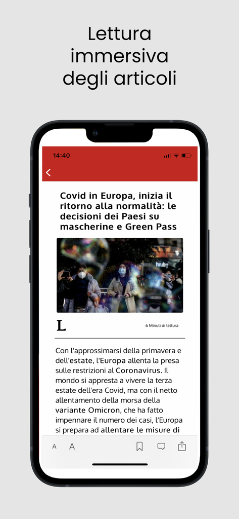 Capture d'écran de l'application Leggo montrant un article d'actualité dans une mise en page de lecture immersive.
