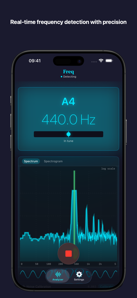 Freq app interface showing real time audio frequency detection and spectrum analyzer
