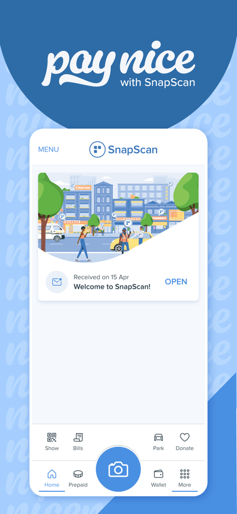 SnapScan mobile app home screen featuring a welcome message and various payment options
