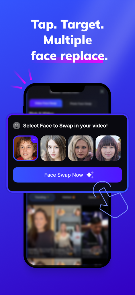 A smartphone displaying the Vizia app interface for selecting multiple faces to swap in a video