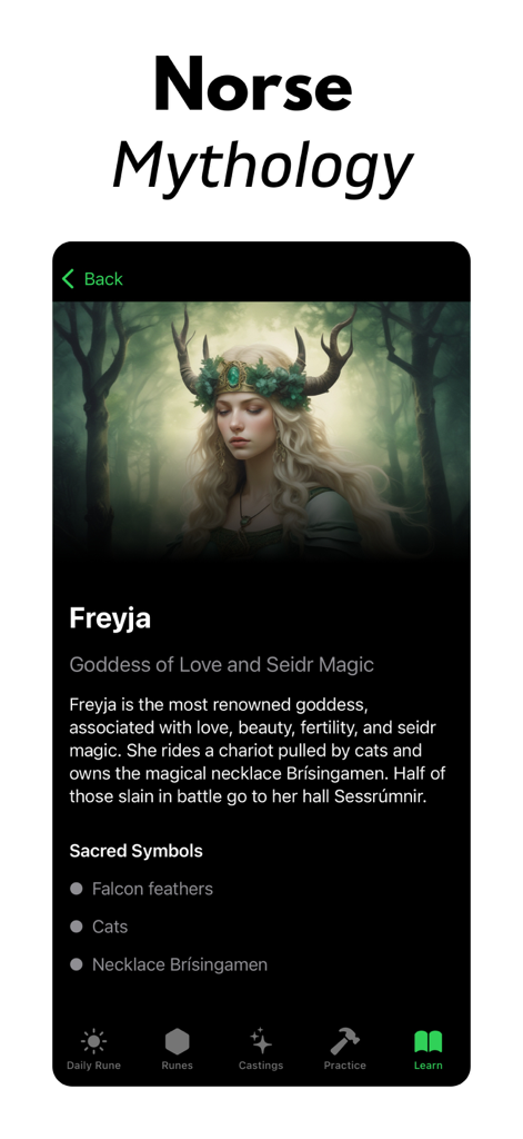Norse Runes & Mythology - Screenshot of the Norse Runes and Mythology app showing a detailed profile of the goddess Freyja with her sacred symbols.