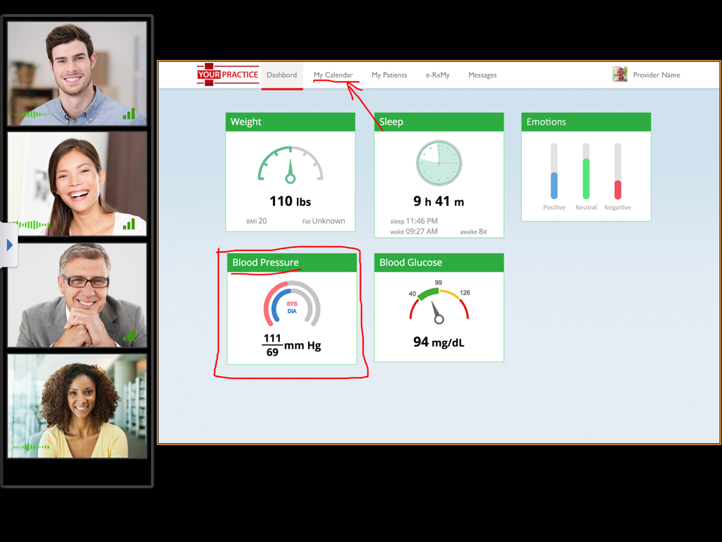VSee Messenger for iPad - VSee Messenger for iPad showing a medical dashboard with patient data and a group video call.