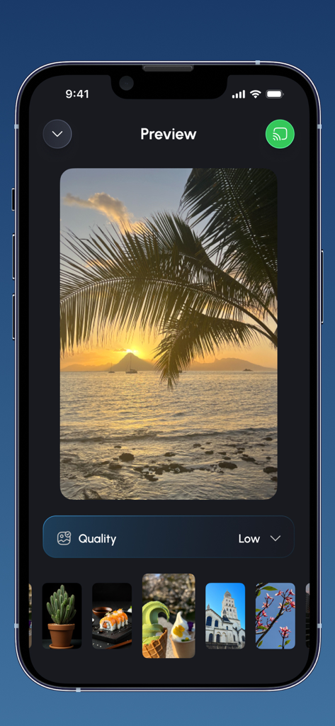 Screen Mirroring ‣ Cast to TV - A mobile app interface displaying a preview of a tropical sunset photo from a gallery for screen mirroring