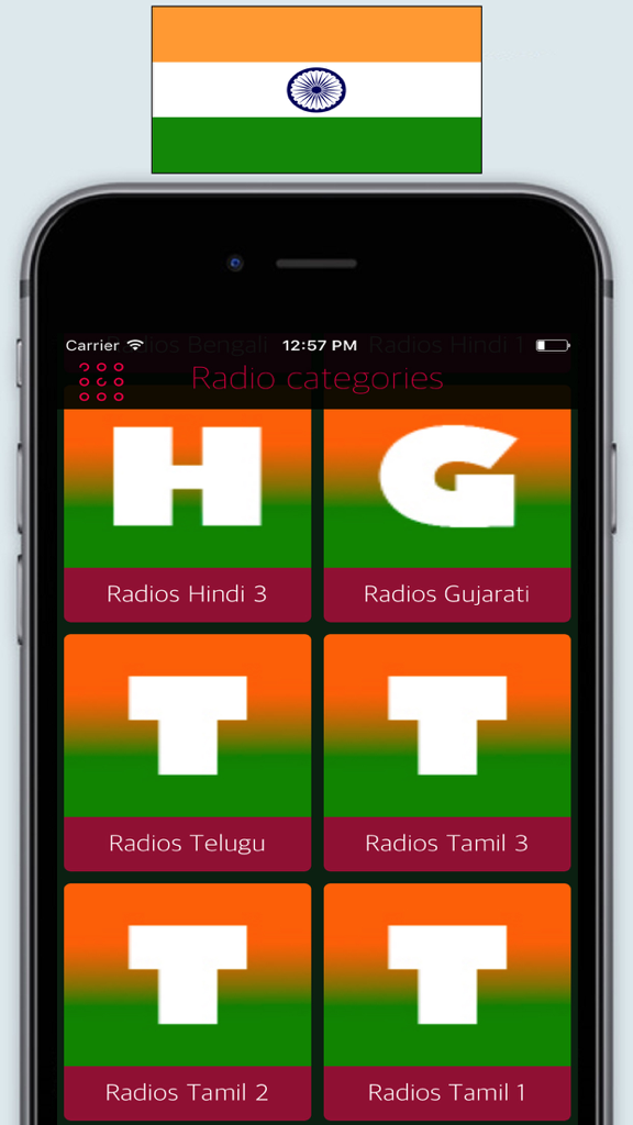Interface do aplicativo Radio India mostrando categorias de rádio regional para estações em híndi, guzerate, telugo e tâmil