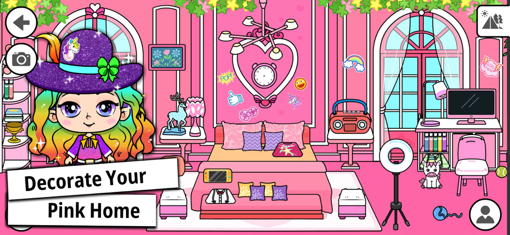 Tizi My Dream Home Design Game - A girl character with rainbow hair in a fully decorated pink bedroom in Tizi Town