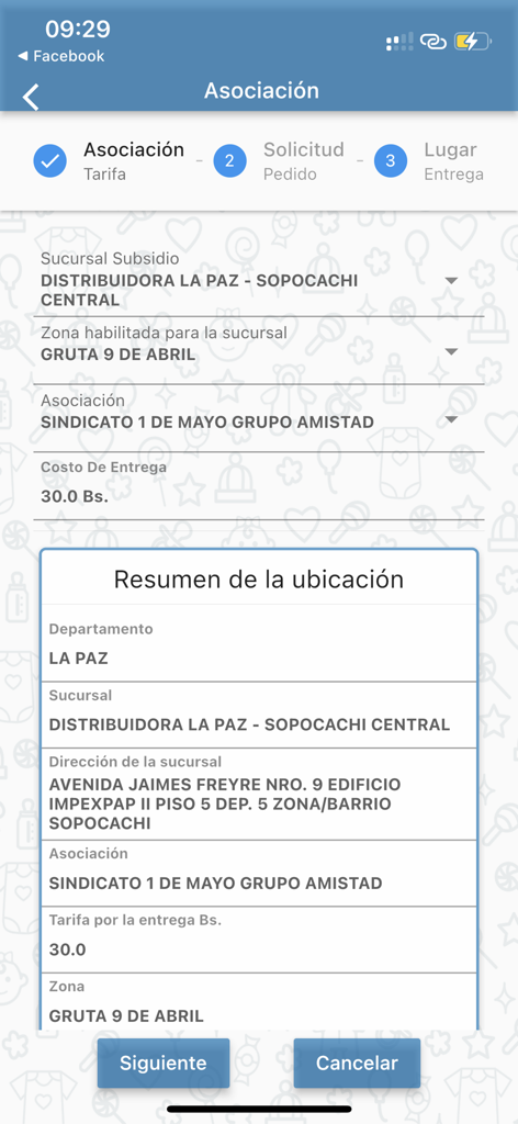 Mi Subsidio - Mi Subsidio app screen showing a location summary for benefit delivery including address and delivery fee in Bolivia.