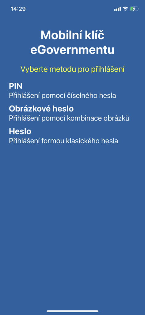 Login selection screen for the Mobilni klic eGovernmentu app showing PIN and password options