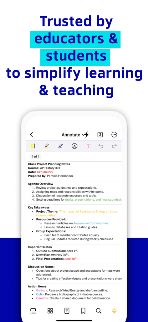 Xodo app interface displaying annotated class project planning notes for students and educators.