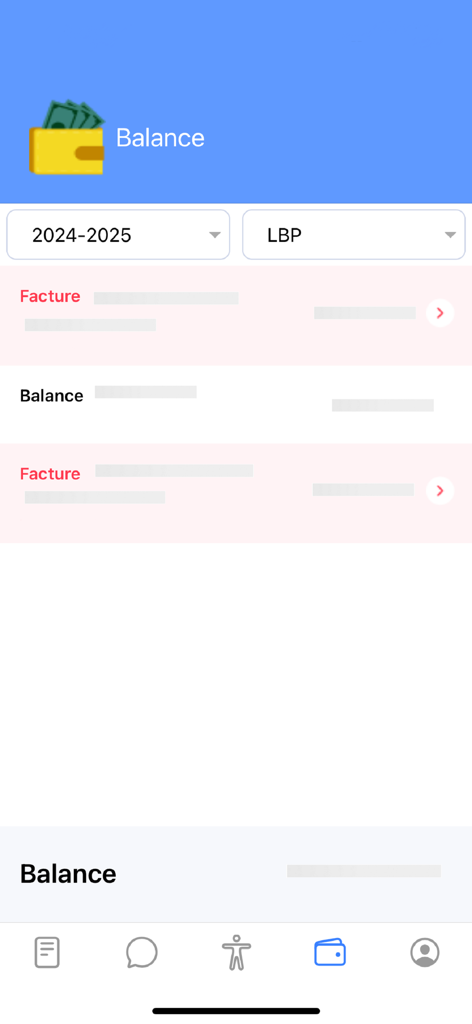 C.S.A. - CSA mobile app balance interface showing student invoices and account standing