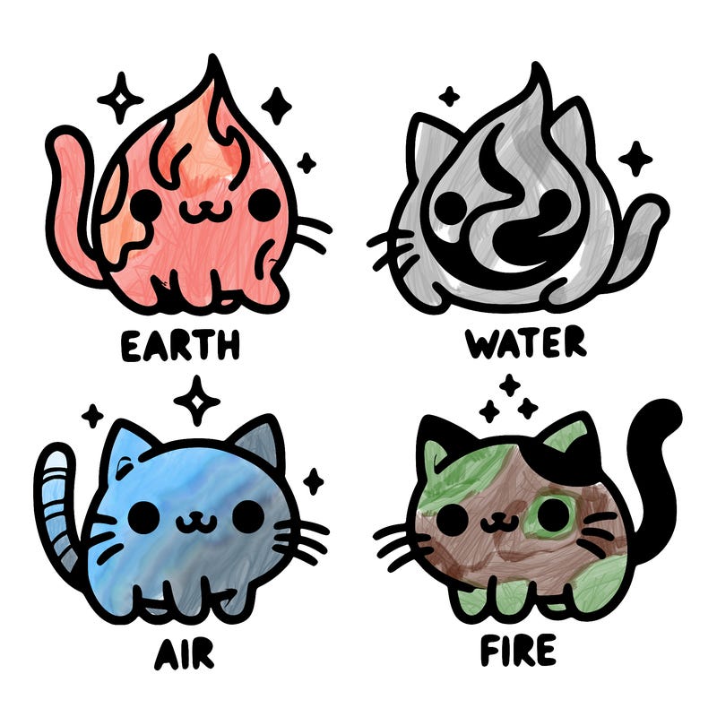 4 cats that represent the different elements, earth, water, air, and fire