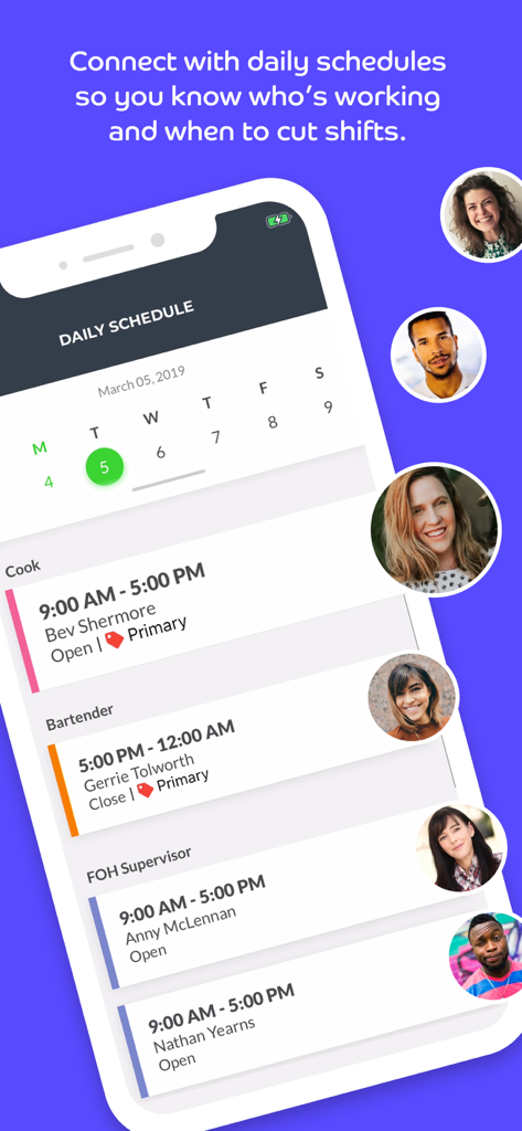 Écran de l'application Push Manager montrant les plannings quotidiens du personnel et les équipes des employés