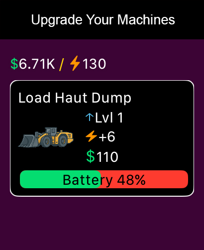 Mad Mining Machines upgrade interface showing a level one loader machine and battery status