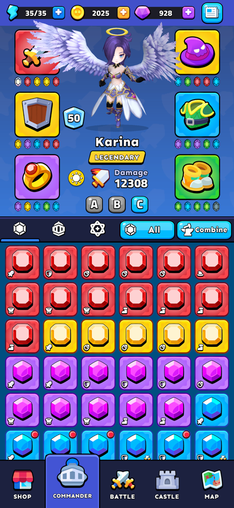 Kings Defender: Tower Defense - Legendary hero Karina profile and gem inventory screen in Kings Defender Tower Defense