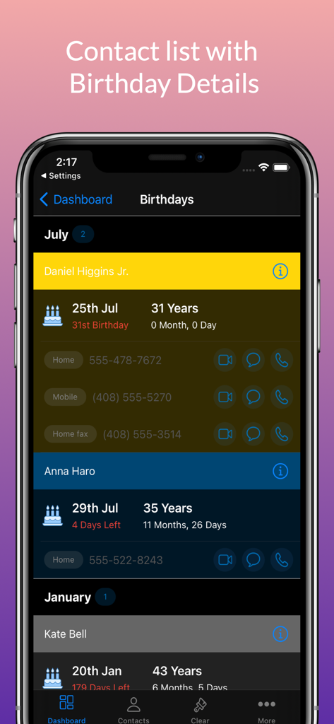 Contact Manager + - Captura de pantalla de una lista de contactos que muestra detalles de cumpleaños y edad en la aplicación Contact Manager