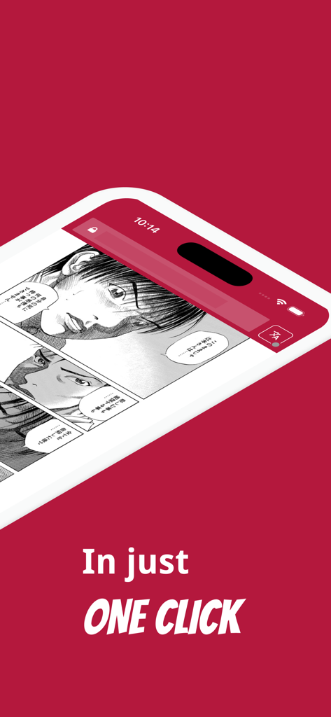 A mobile screen showing manga panels with Japanese text being translated with the caption In just ONE CLICK