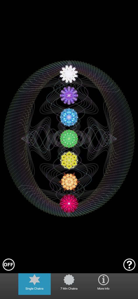 Chakra Tuner Jonathan Goldman - Seven colorful chakra symbols aligned vertically within a complex geometric energy field pattern on a black background.