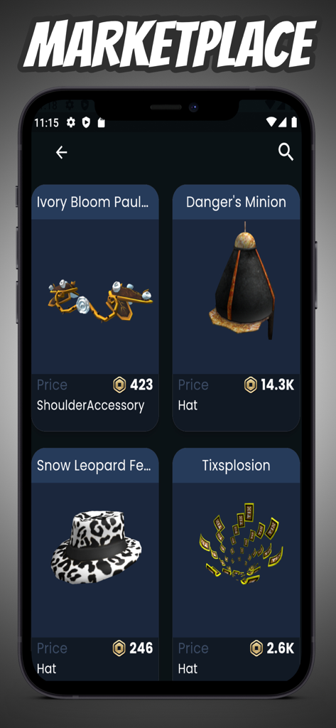 Interfaz del mercado que muestra artículos de avatar de Roblox y sus precios actuales en Robux