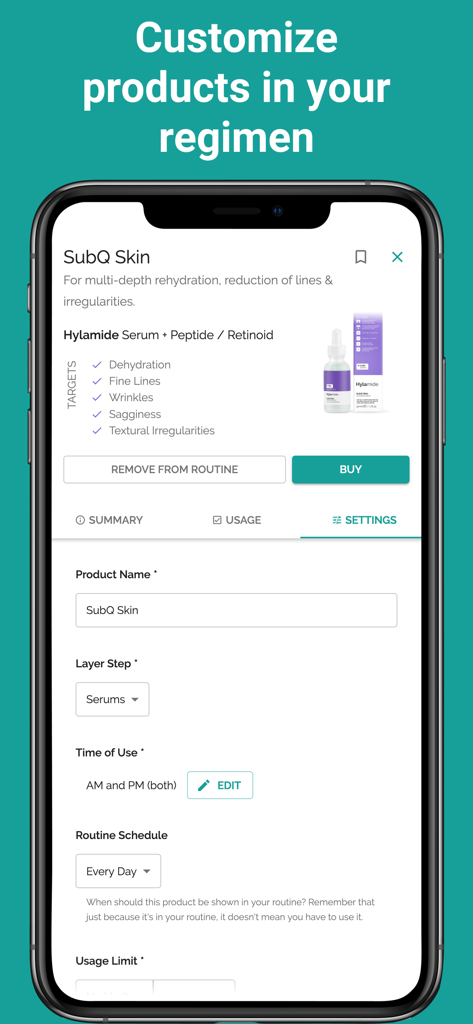 A mobile screen from the Skincare Routine app showing product settings including name, layer step, and usage schedule.