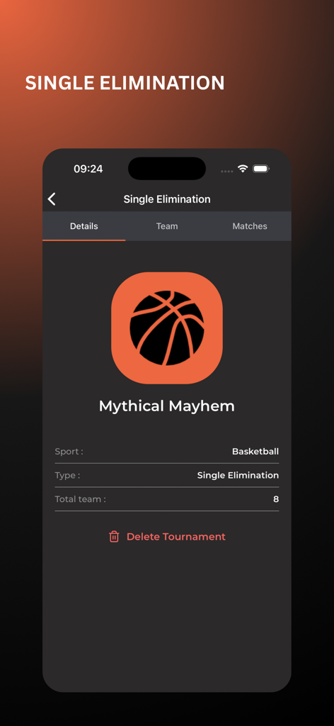 Bracket & Scheduler - Turnierdetails-Bildschirm für ein Single Elimination Basketballturnier in der Bracket and Scheduler App.