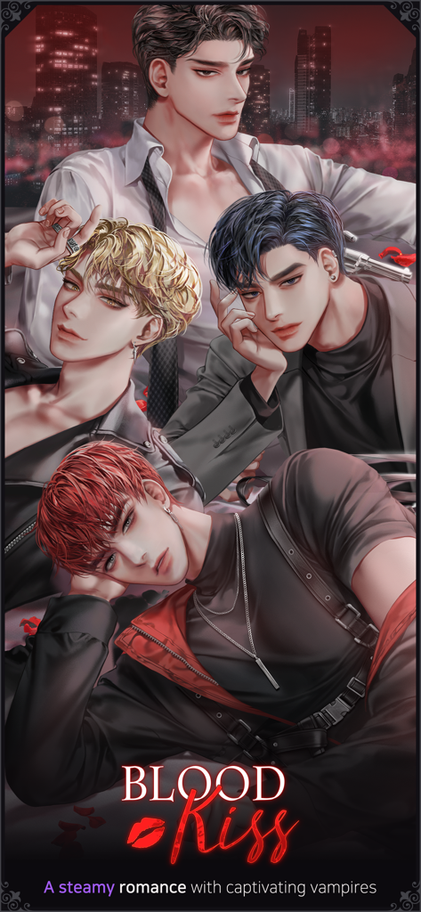 BloodKiss : Vampire romance - Four attractive male vampire characters from the BloodKiss otome game in a city night setting