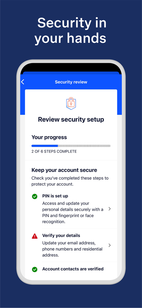My Telstra app security review page showing progress on account verification steps
