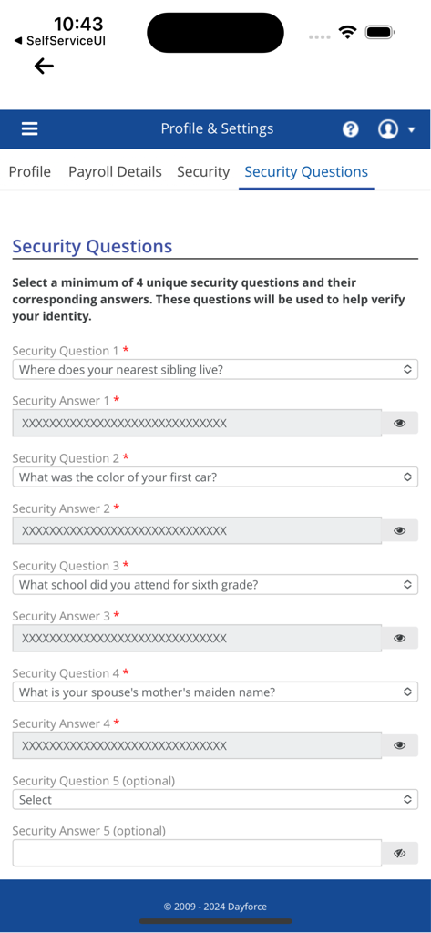 Security questions configuration screen within the Powerpay Self Service mobile app