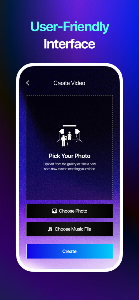 Talking Picture - Tokkingheads - Benutzerfreundliche Oberfläche der Tokkingheads App, die den Bildschirm zum Erstellen von Videos mit Optionen zur Auswahl eines Fotos und einer Musikdatei zeigt