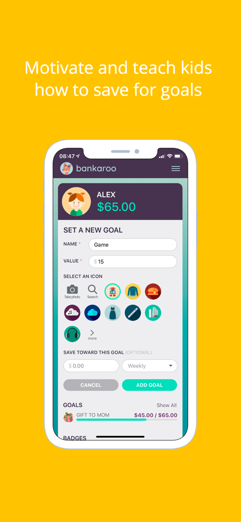 bankaroo virtual bank for kids - Bankaroo app interface showing a child setting a new financial goal to save money for a game.