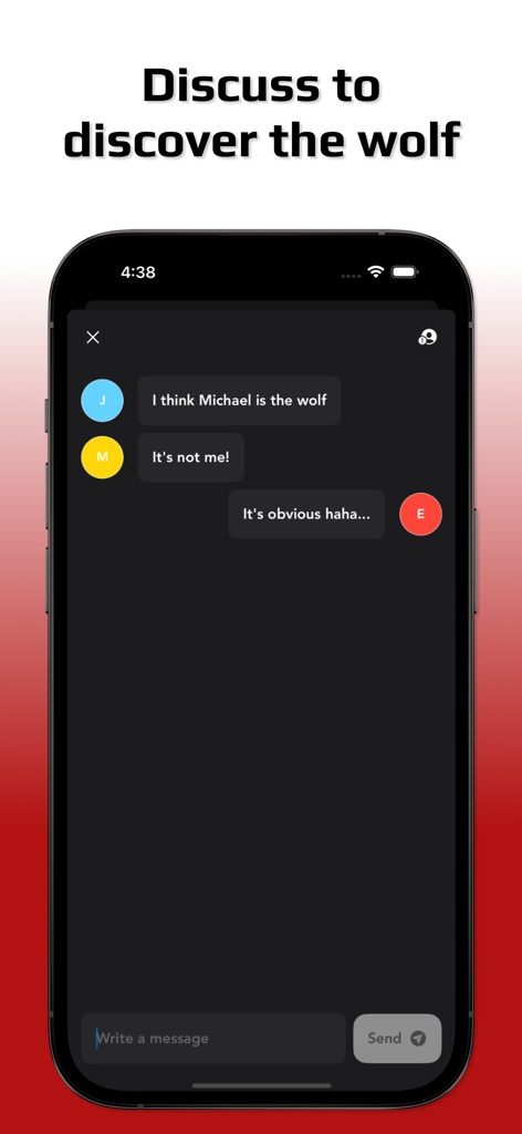 The Wolf: Party Game - Players discussing and debating to find the wolf in a mobile party game chat screen.