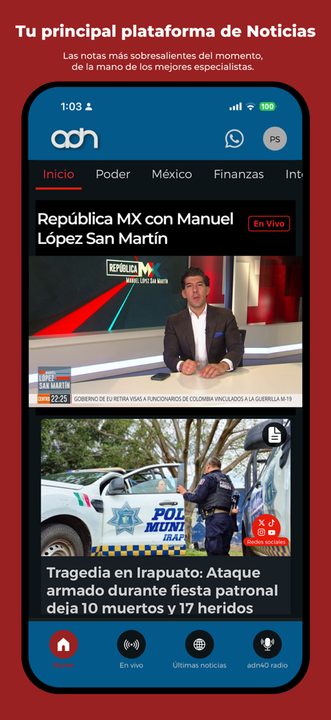 adn Noticias EN VIVO - Interface of the adn Noticias EN VIVO mobile app featuring a live news broadcast and Mexican headlines
