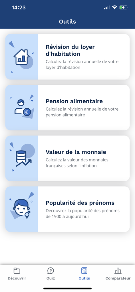 Insee Mobile - Captura de pantalla del menú de herramientas en la aplicación Insee Mobile que muestra opciones para la revisión de alquileres, cálculo de pensiones alimenticias y estadísticas de popularidad de nombres.