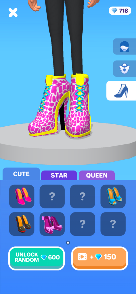 High Heels! - In-game designer store menu in High Heels! showing character wearing pink patterned boots and various shoe options to unlock.