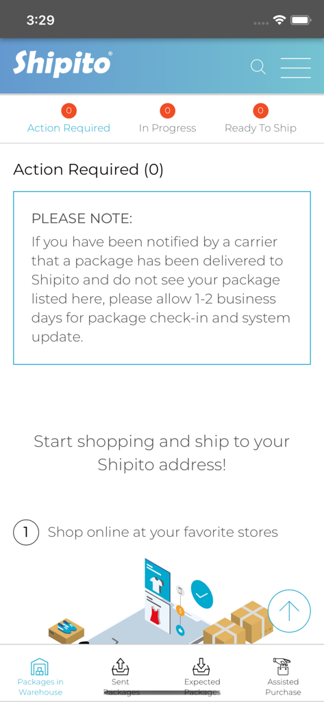 Interfaz de la aplicación Shipito que muestra el panel de control del almacén de paquetes e instrucciones de envío