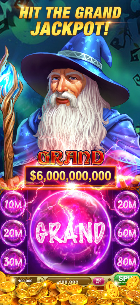 A wizard-themed slot machine screen from Slots Rush showing a 6 billion grand jackpot.