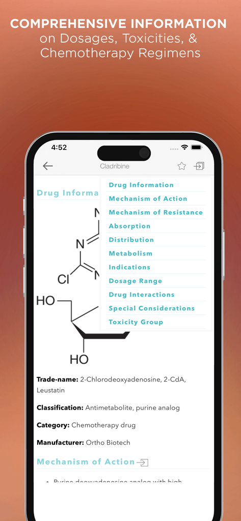 Cancer Chemotherpy Drug Manual - iPhone screen showing Cladribine drug information and chemical structure in the Cancer Chemotherapy Drug Manual app