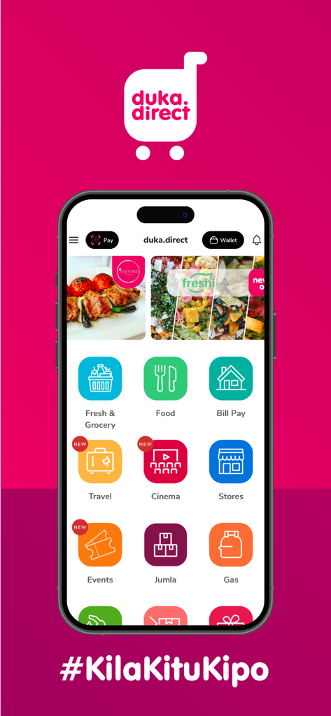 duka.direct - duka.direct super app interface showing services for food bill pay travel and groceries