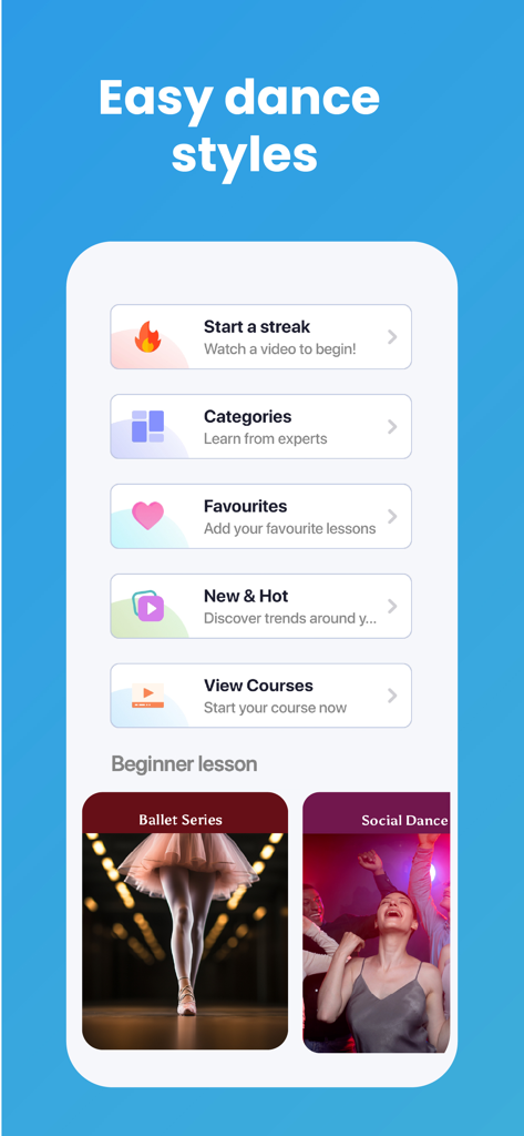 Dance Lessons: Learn to Dance - ダンスレッスンアプリのインターフェース。メニューオプションと、バレエやソーシャルダンスの初心者向けチュートリアルが表示されている。