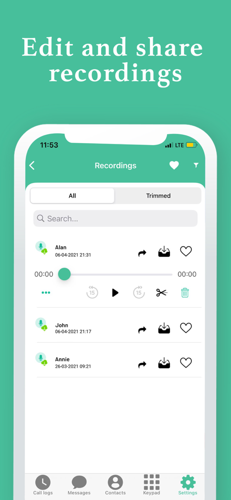 2nd Line, Second Phone Numbers - La pantalla de grabaciones de la aplicación 2nd Line que muestra registros de llamadas con opciones de edición y uso compartido.